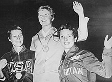 Schwarzweißfoto der drei Medaillengewinnerinnen im Trainingsanzug