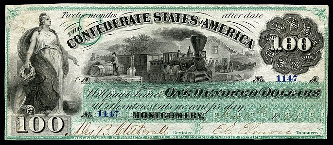 $100 Confederate States of America note from 1861, showing Ceres or Minerva and railroad vignette