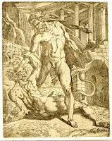 Hercules standing in an architectural setting, and grabbing the head of a man lying at his feet. c.1543 Etching after Rosso Fiorentino.[34]