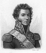 Black and white print of a young man with wavy hair wearing a French general's military uniform of the Napoleonic era.