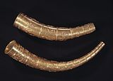 Copies of the Golden Horns of Gallehus from the Germanic Iron Age, thought to be ceremonial horns but of a raid purpose.