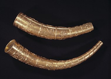 Copies of the two golden horns of Gallehus from around the 4th century