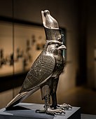 Ancient Egyptian figurine of Horus as falcon god with an Egyptian crown; c. 500 BC; silver and electrum; height: 26.9 cm; Staatliche Sammlung für Ägyptische Kunst (Munich, Germany)