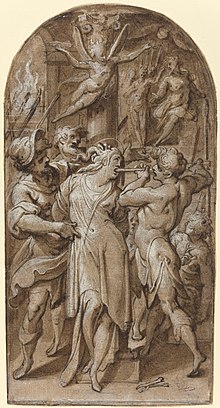 Pen and brown in drawing of Saint Apollonia being restrained, her mouth open, and teeth being broken by a tool