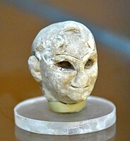Head of a Sumerian male worshipper from Tell Asmar (Eshnunna), Iraq, on display at the Sulaymaniyah Museum, Iraq since 1961. The Lost Treasures from Iraq designates it as "status unknown".[27]
