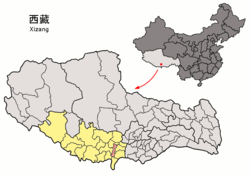 Location of Bainang County (red) in Xigazê City (yellow) and the Tibet A.R.