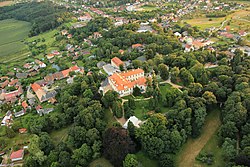 Aerial view of Loučeň with Loučeň Castle