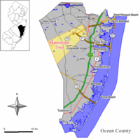 Location of Manchester Township in Ocean County highlighted in yellow (right). Inset map: Location of Ocean County in New Jersey highlighted in black (left).