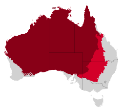 Red and dark red areas form the legally defined Outback, dark red and striped areas forms the modern Outback.[a]