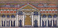 Representation of the facade of the palace of Theodoric the Great from Ravenna on a mosaic from the Basilica Sant'Apollinare nuovo.