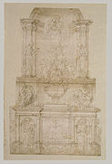 Study for a wall tomb, c. 1506, attributed to Michelangelo. This may be a surviving visual evidence for the project commissioned in 1505, but contradicts Michelangelo's early biographers’ description of a freestanding tomb.