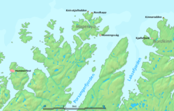 Kinnarodden (right) is on mainland, North Cape (Nordkapp, center) is on an island.