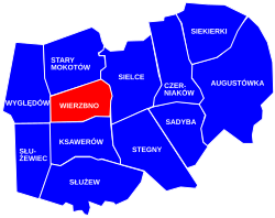 Location of Wierzbno within the district of Mokotów, in accordance to the City Information System.