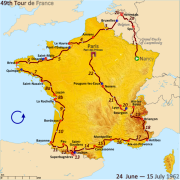 Map of France showing the path of the race starting in Nancy, moving through Luxembourg and Belgium, before an anticlockwise route around France and finishing in Paris
