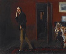 Stevenson paces in his dining room in an 1885 portrait by John Singer Sargent. His wife Fanny, seated in an Indian dress, is visible in the lower right corner.