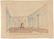 A faded old watercolour showing the church interior, with the walls painted pale blue.