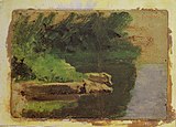 Landscape sketch, for Swimming, oil on cardboard, 4 × 5+3⁄4 in (10 × 15 cm), 1884