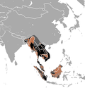 Verbreitungsgebiet des Malaienbären; schwarz: historisch, braun: rezent, grau: ungesichert
