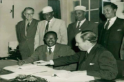 The Somaliland Protectorate Constitutional Conference, London, May 1960 in which it was decide that 26 June be the day of Independence, and so signed on 12 May 1960. Somaliland Delegation: Mohamed Haji Ibrahim Egal, Ahmed Haji Dualeh, Ali Garad Jama and Haji Ibrahim Nur. From the Colonial Office: Ian Macleod, D. B. Hall, H. C. F. Wilks (Secretary)