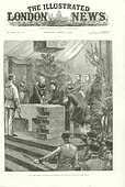 Front page of The Illustrated London News showing Sir Thomas Martineau, as Mayor of Birmingham, standing to the left of Queen Victoria who is laying the foundation stone of the new Victoria Law Courts, Birmingham, 1887