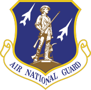 A blue shield with yellow outlining emblazoned with a man in 18th-century clothing holding a rifle in brown. Behind him are two profiles of fighters in white. Below the shield is a white scroll with yellow outlining that states "Air National Guard".