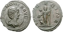 coin of Zenobia. the obverse depicting the head of a woman wearing a crown. the reverse depicts a goddess. inscriptions on both sides