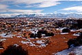 View of the La Sal mountains from the entrance to Arches National Park