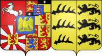 Coat of Arms of Catherine of Württemberg following her marriage to Jérôme-Napoléon Bonaparte. Before her marriage, the left part (that of the King of Westphalia) wasn't part of her coat of arms.