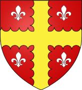 Coat of arms of Saint-Sauveur de Villeloin abbey - Alias: Gules, a cross engrailed Or, between four fleurs-de-lis Argent.[12]