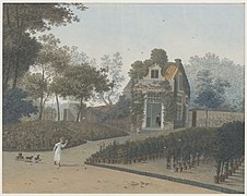 Bloemisterij van A.C. en H. van Eden, tuin met tuinhuisje (Wagenweg), 1835–1840