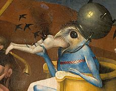 The Garden of Earthly Delights, bird-headed monster or the "Prince of Hell" (close-up head), a name derived from the cauldron he wears on his head.