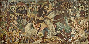 A painting depicting a rider stabbing a foot-soldier; various other scenes in the background
