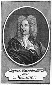 black-and-white engraving of the bust of a man with a large wig of curly hair, a long nose and a prominent chin, looking half-left, with his name and his pen name below