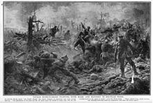 Monochrome image on newsprint type paper. Pen and charcoal sketch of multiple figures in hand–to–combat using rifles and bayonets; numerous wounded and dead figure in the foreground. One officer standing with his back to viewer observing fighting.