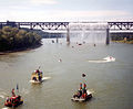 Boating in Edmonton, with a view of the High Level Bridge across the river