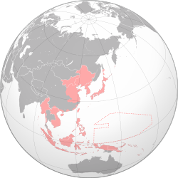 The Hong Kong occupation zone (dark red) within the Empire of Japan (light red) at its furthest extent