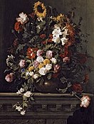 Großes Blumenstillleben mit Sonnenblume, ca. 1655–1680, Öl auf Leinwand, 158,5 × 118,8 cm, Galerie im Neuen Schloss Schleißheim, München. Das Bild wurde früher Jean-Baptiste Monnoyer zugeschrieben.