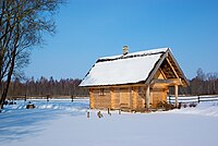Latvian sauna covered in snow