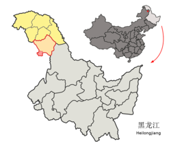 Location of the district (red outline) in Daxing'anling Prefecture (yellow fill) and Heilongjiang