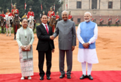 President of Myanmar Win Myint and First Lady Cho Cho with Indian President Ram Nath Kovind and PM Narendra Modi at the Ceremonial Reception at Rashtrapti Bhavan, New Delhi.