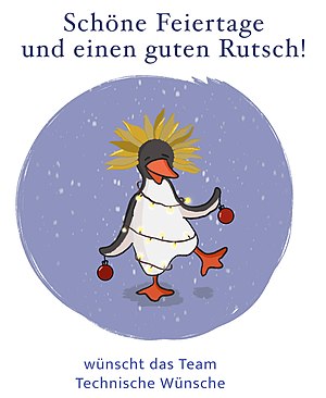 Illustration eines Pinguins, dekoriert mit einer Blume aus dem Logo Technische Wünsche und einer Lichterkette
