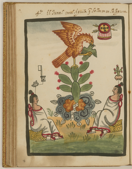 The Spanish caption reads: "The prickly pear and the eagle that they found in the lake"