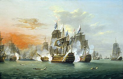 The Battle of the Saints, 12 April 1782, Formidable fires into Ville de Paris, centre of picture by Thomas Luny.