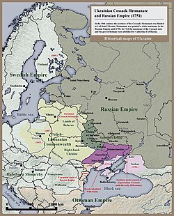 Historical map of the Ukrainian Cossack Hetmanate (dark green) and of the territory of the Zaporozhian Cossacks (purple) under the rule of the Russian Empire (1751)