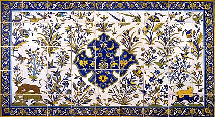 Painted tiles with design of birds, hunting and flowers from Qajar dynasty