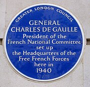 The plaque commemorating the headquarters of General de Gaulle at 4 Carlton Gardens in London during World War II