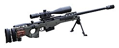 Accuracy International AWM (1996) based on an aluminum alloy chassis stock with fully adjustable side-folding thumb hole polymer stock side panels and custom Picatinny rail mounting interface.