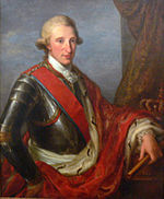 Painting of a bewigged man in ceremonial armor. His royal robe is draped over one arm so the viewer can see the suit of armor.