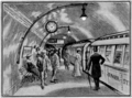 Sketch showing about a dozen people standing on an underground railway platform with a train standing at the platform. Several more people are visible inside the train, which has the words "Baker St" visible on its side. (from Rail transport)