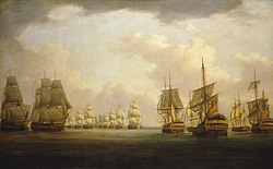 Day after the action - British frigates have two Spanish prizes, the Firme and the San Rafael under tow on the right. Painting by William Anderson